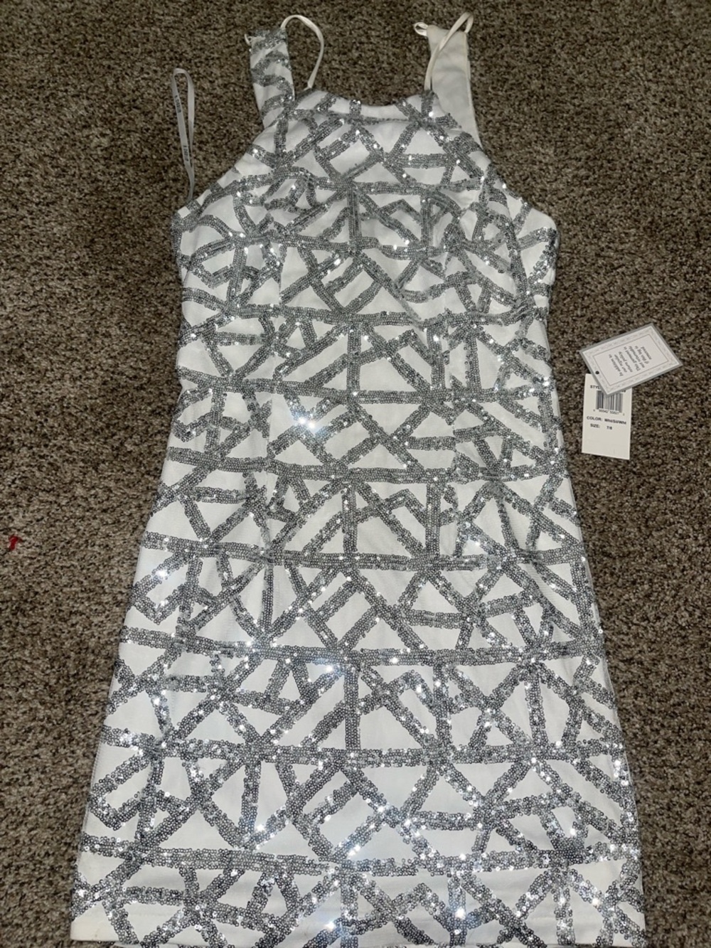 B Darlin White Mini Dress with Silver Sequin Geometric Design